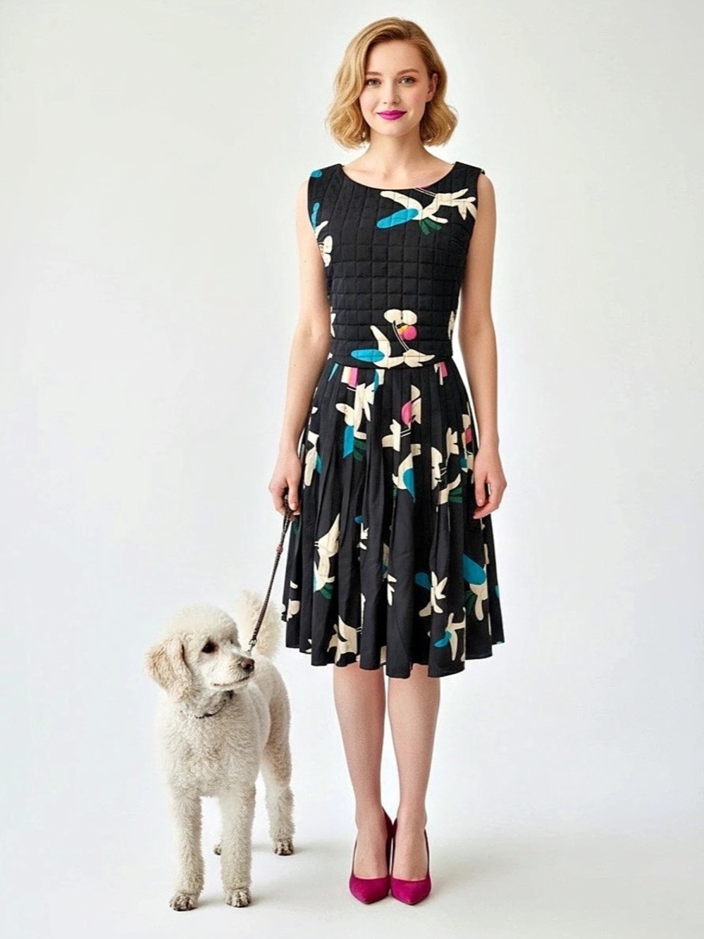 Chanel Black Floral Silk Quilted Bodice Pleated Midi Dress Abstract Silk Midi